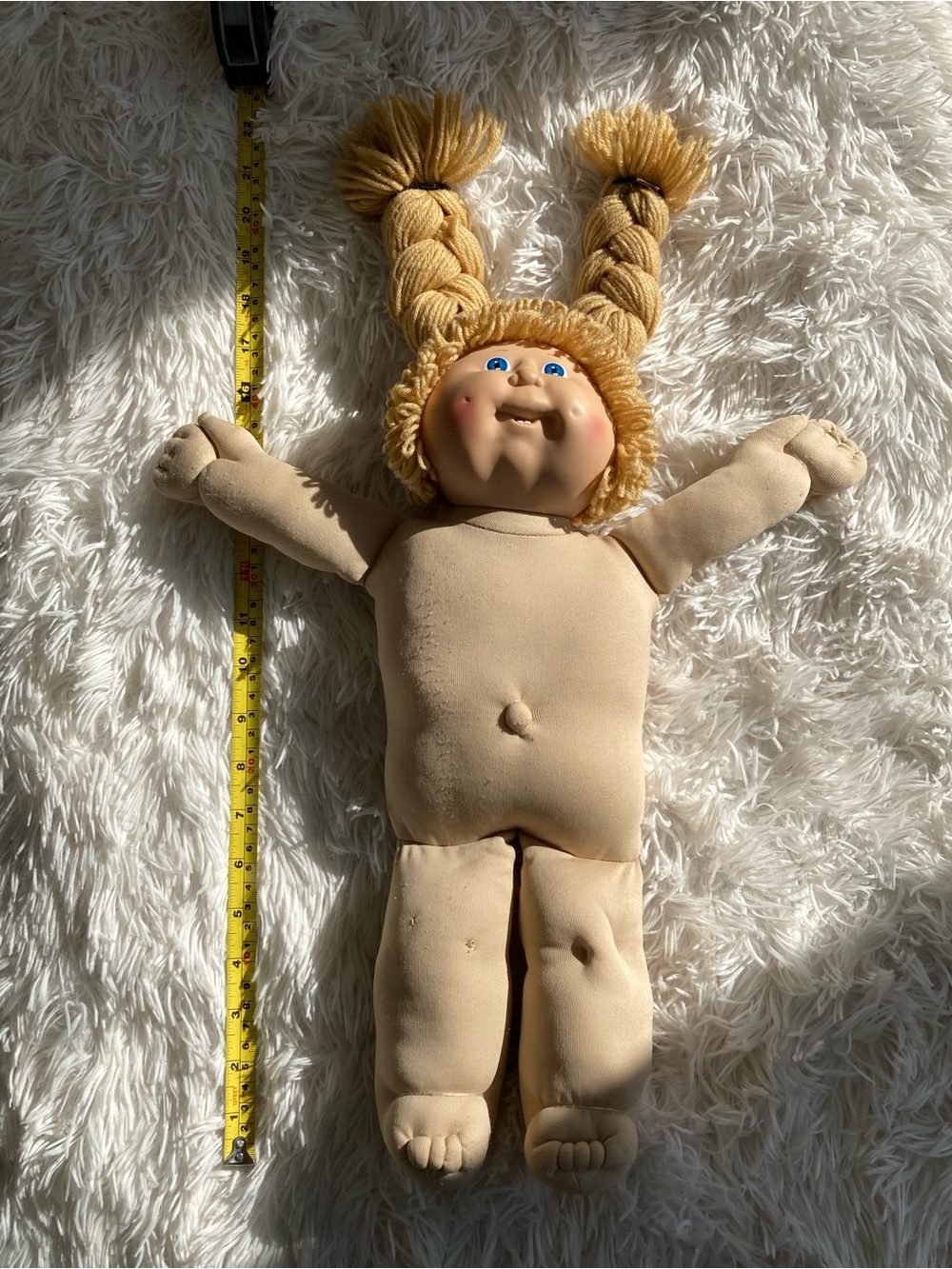 1985 #10 Plush Rag Doll with Braided Yellow Yarn Hair - Soft Cloth Toy